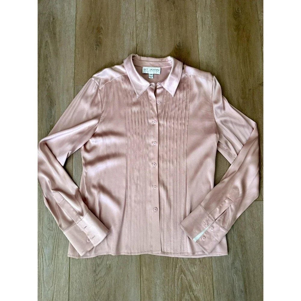St John Vintage Silk Rose Pleated Button Up Blouse Size 16